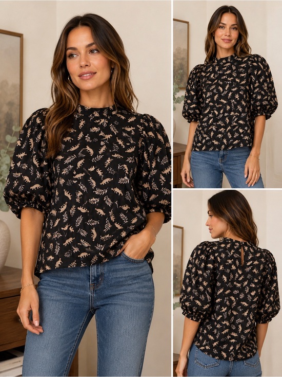 THML Tops - THML Black Leopard Print Puff Sleeve Blouse Size Large Like New